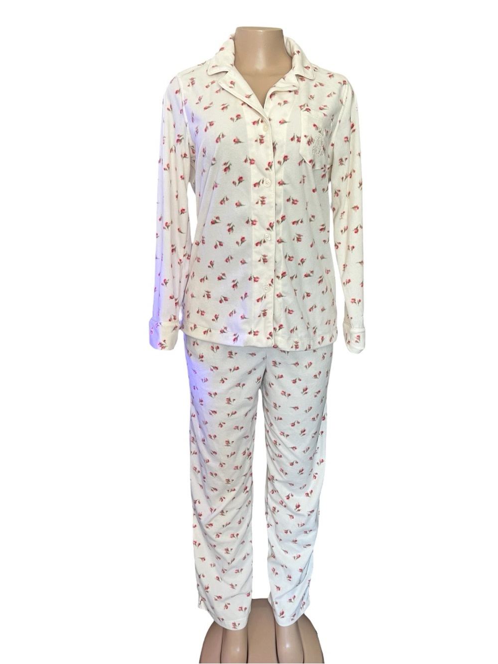 Ralph Lauren Cream Pajama Set with Pink Floral Print